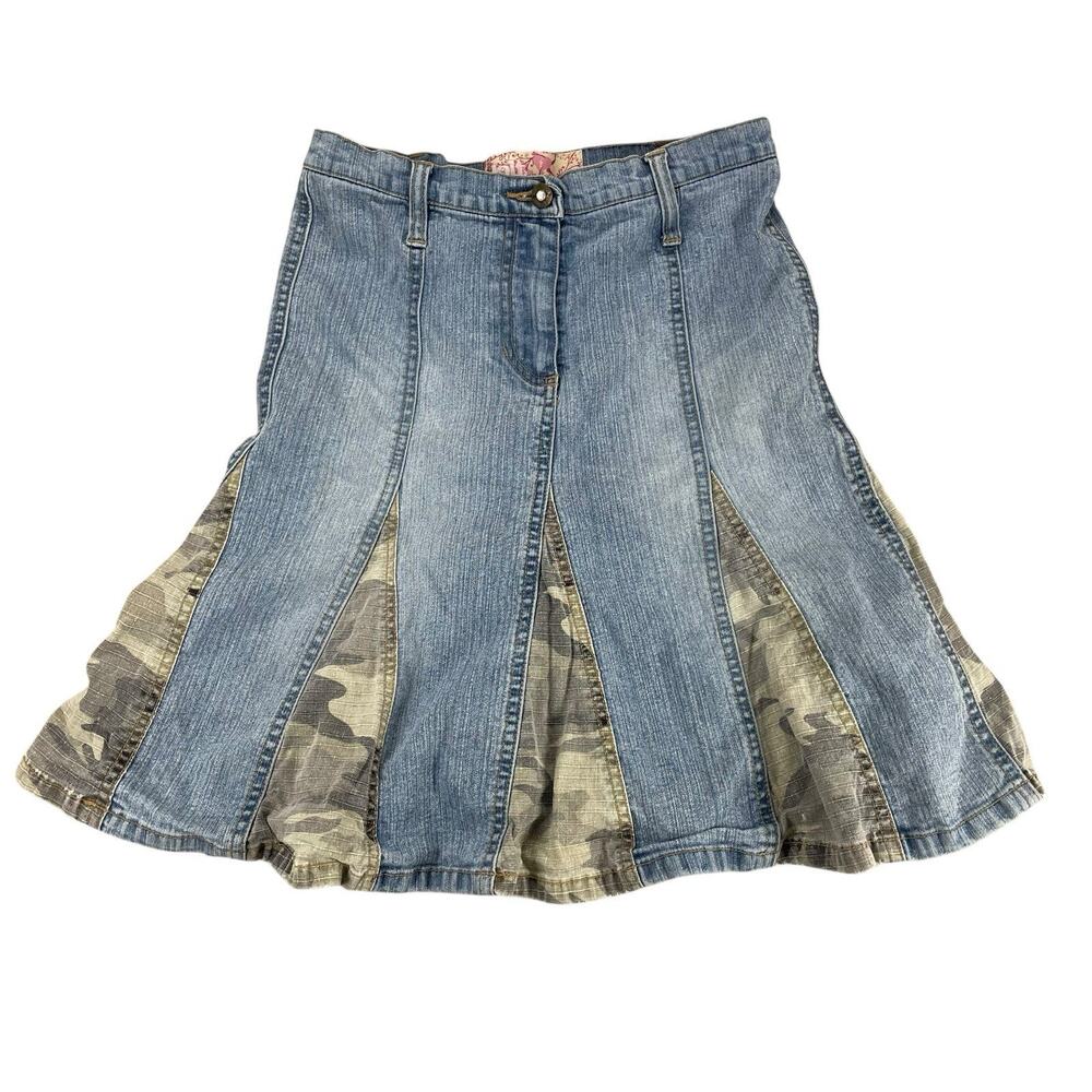 VTG Y2K Denim Patchwork Camo A Line Flared Skirt Girls Size 12 Edgy Streetwear